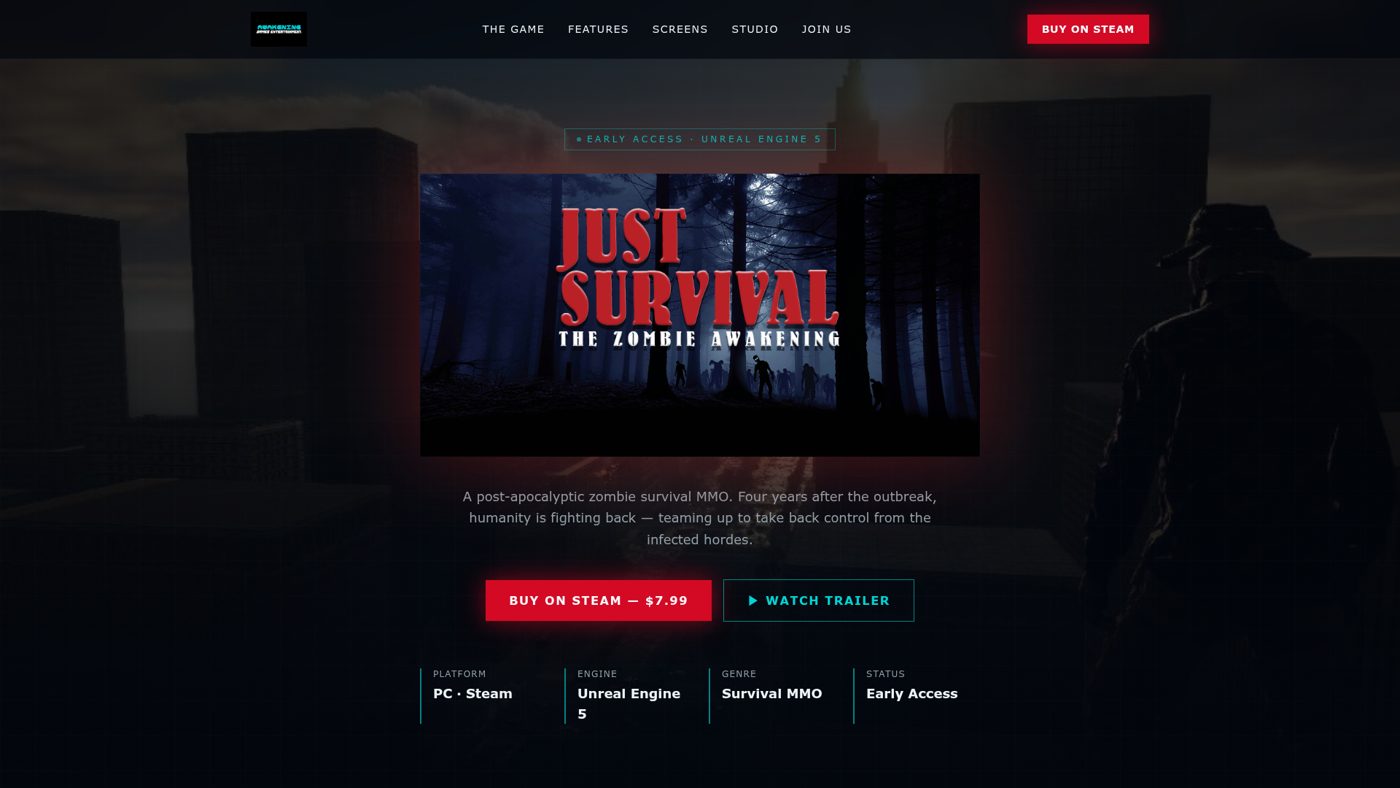 Awakening Games Entertainment website homepage for Just Survival, a zombie survival MMO