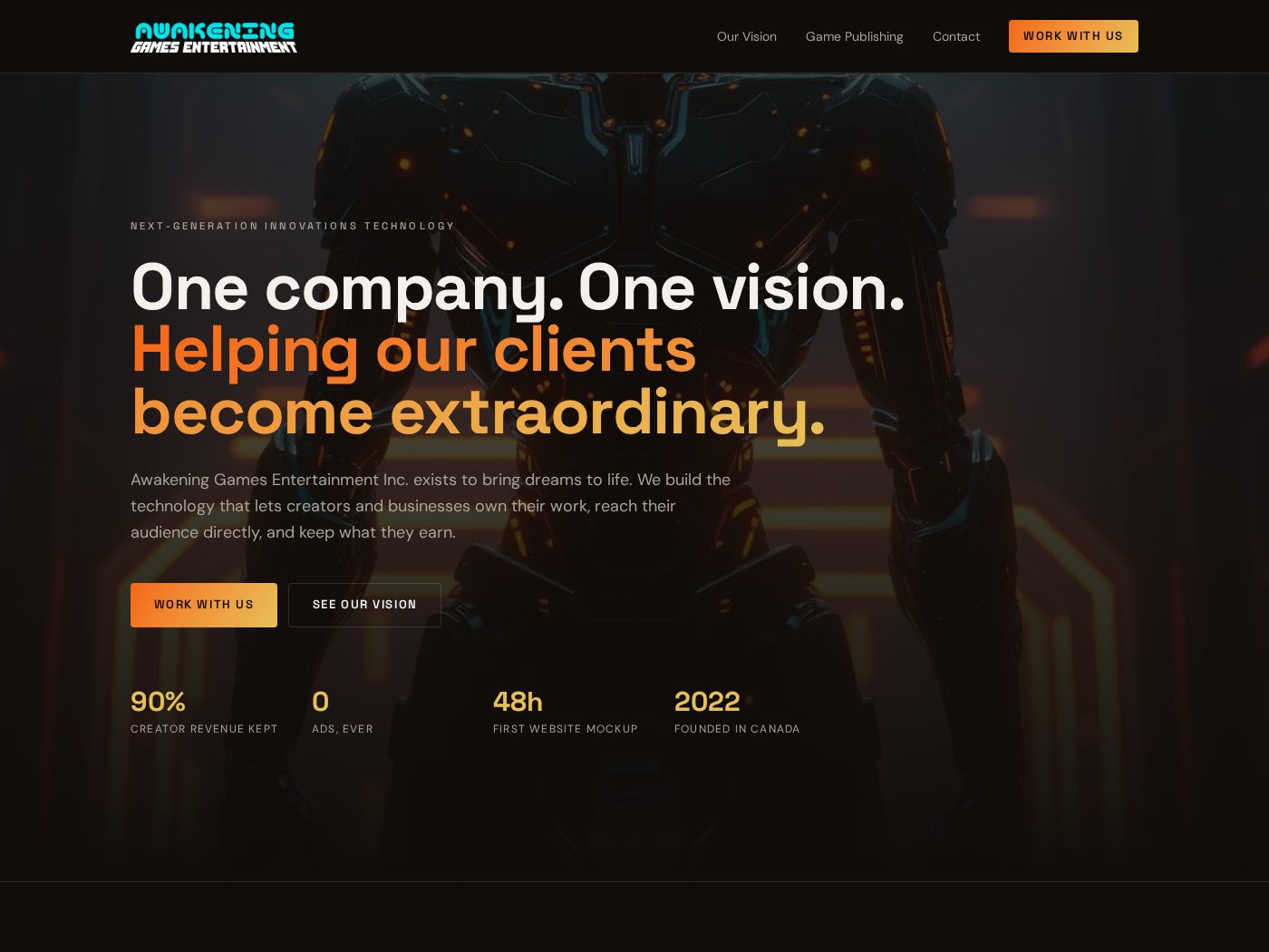 Awakening Games Entertainment website homepage with the headline One company, one vision