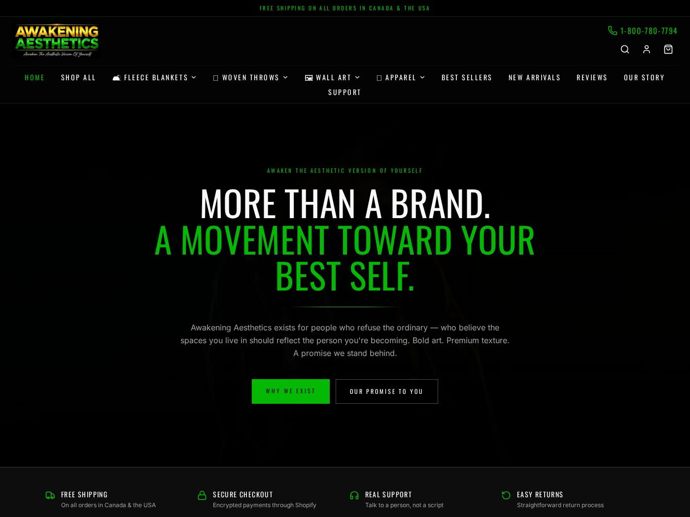 Awakening Aesthetics website homepage with bold green and gold lifestyle branding