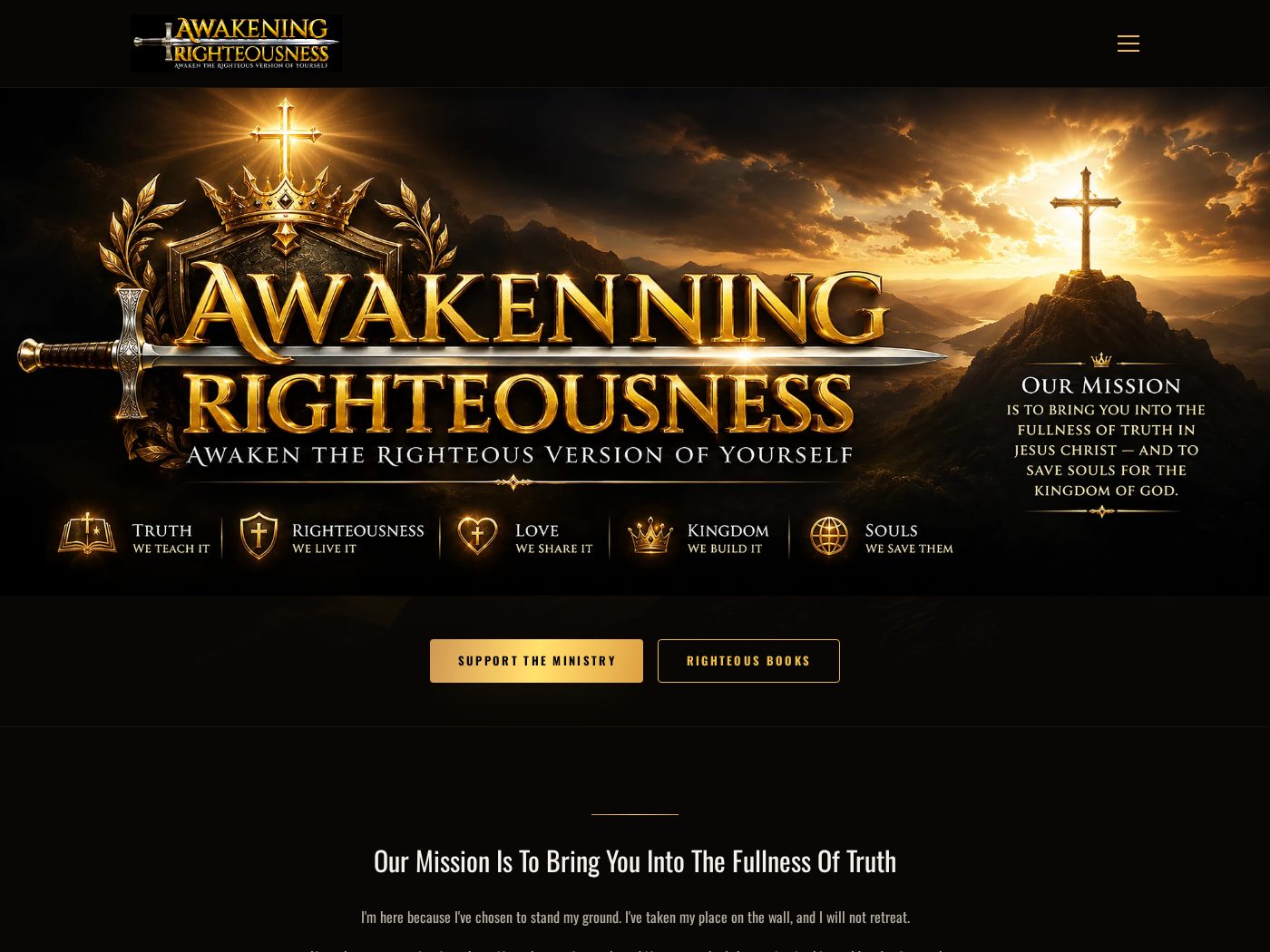Awakening Righteousness ministry website homepage with light breaking over a mountain cross