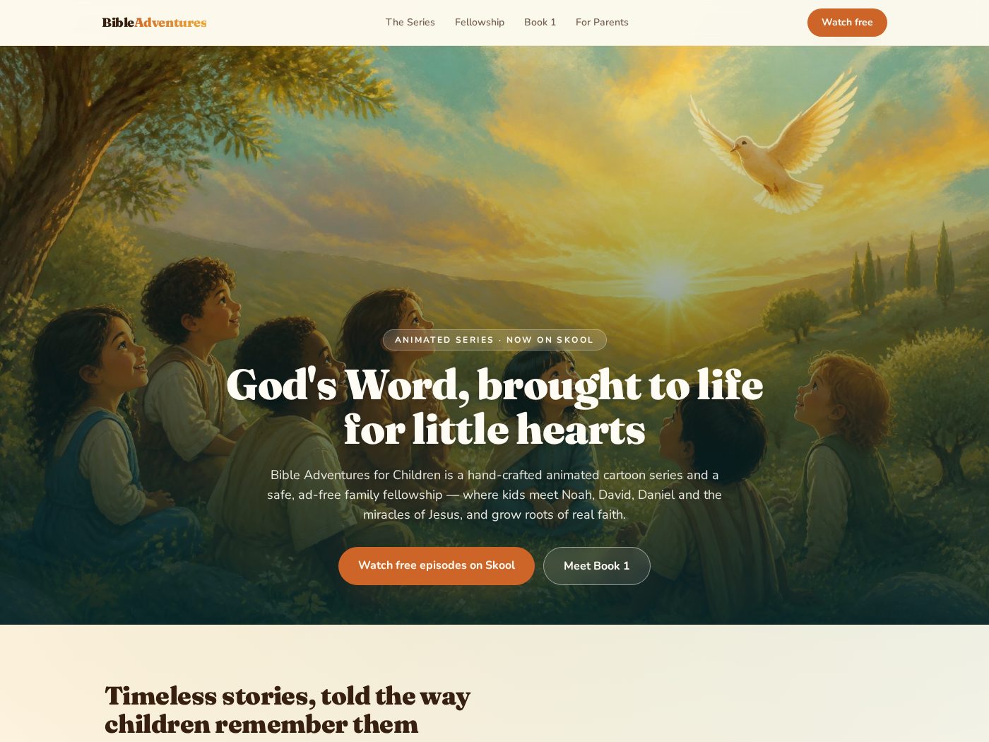 Bible Adventures for Children website homepage with children watching a dove at sunrise