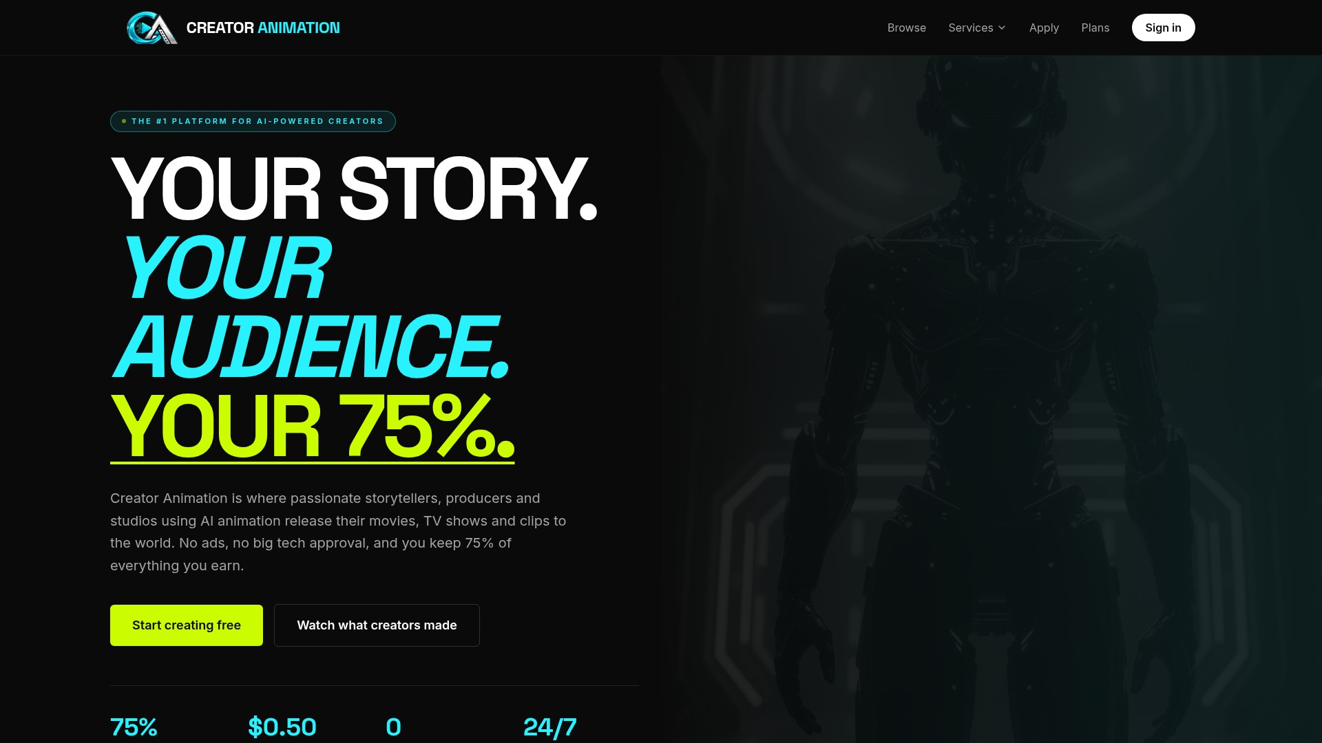 Creator Animation website homepage with the headline Your story. Your audience. Your 75%.