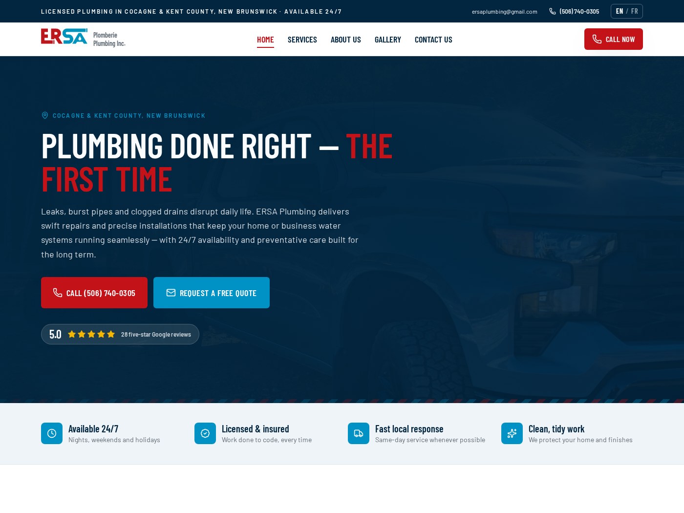 ERSA Plumbing website homepage with the headline Plumbing done right — the first time