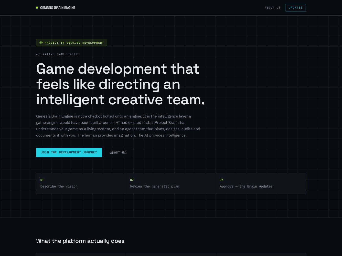Genesis Brain Engine website homepage with AI-native game engine headline