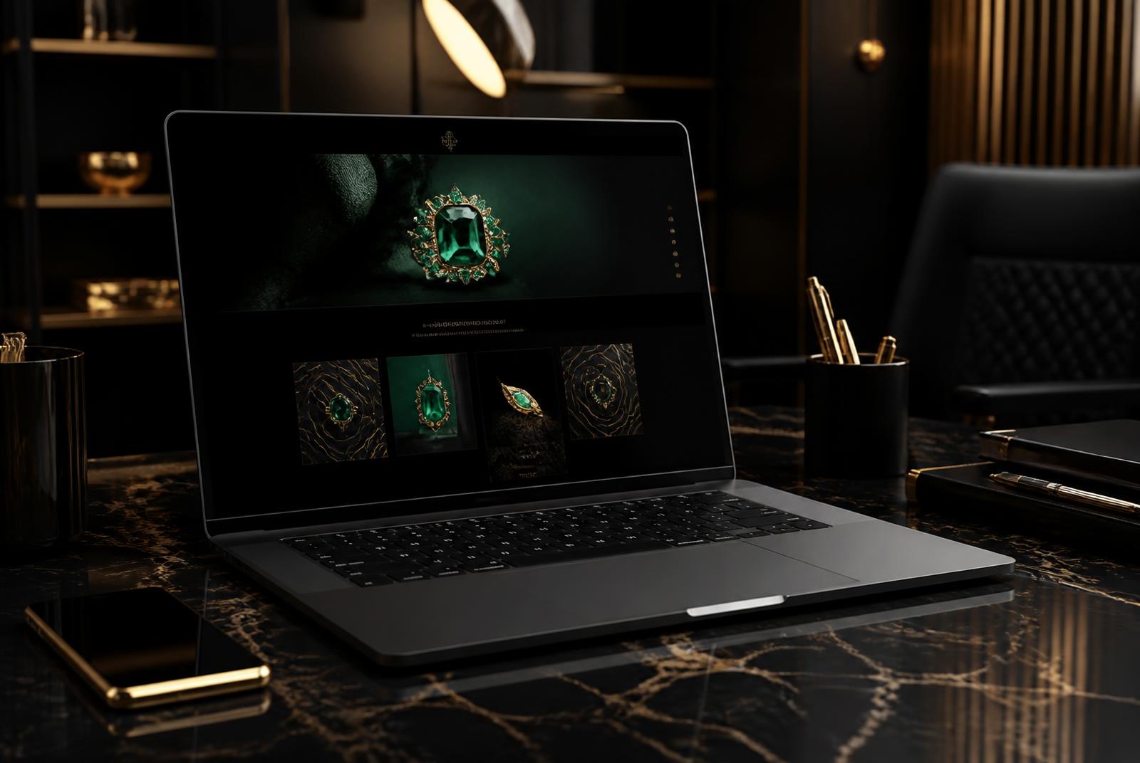 Modern custom website in emerald green and gold displayed on a laptop in a luxury office