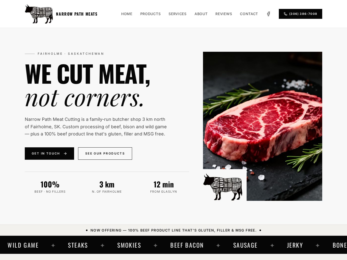 Narrow Path Meat Cutting website homepage with the headline We cut meat, not corners
