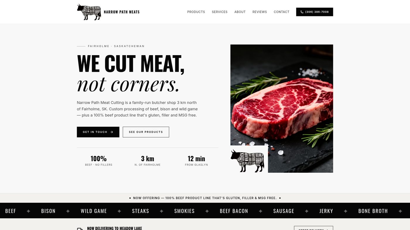 Narrow Path Meats website homepage featuring a hand-cut ribeye steak