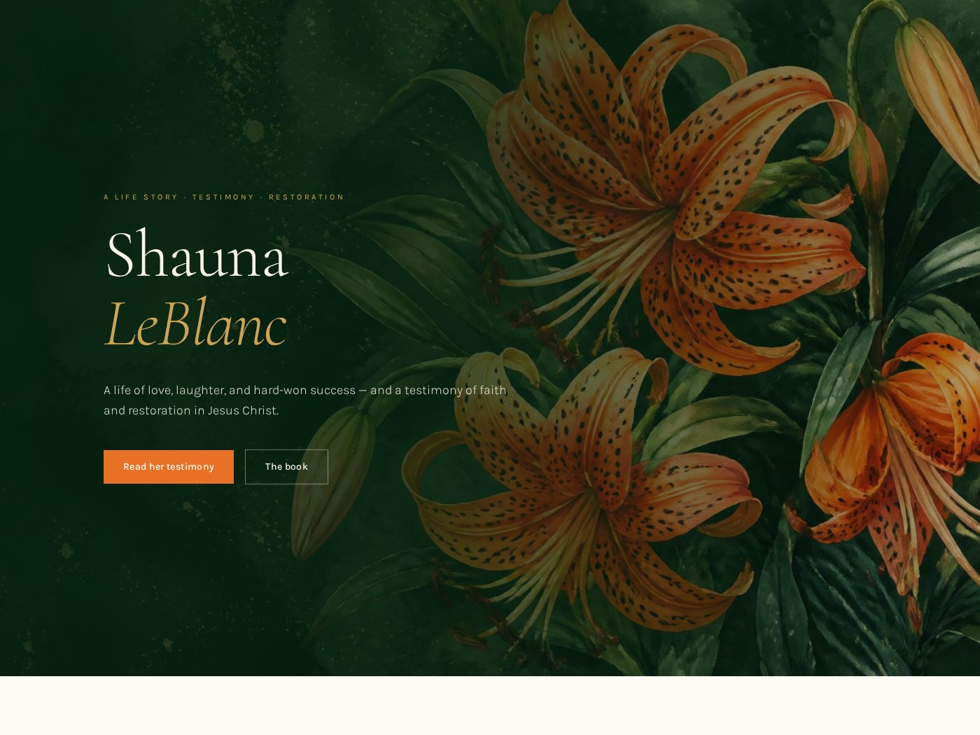Shauna LeBlanc website homepage with watercolour tiger lilies on a deep green background