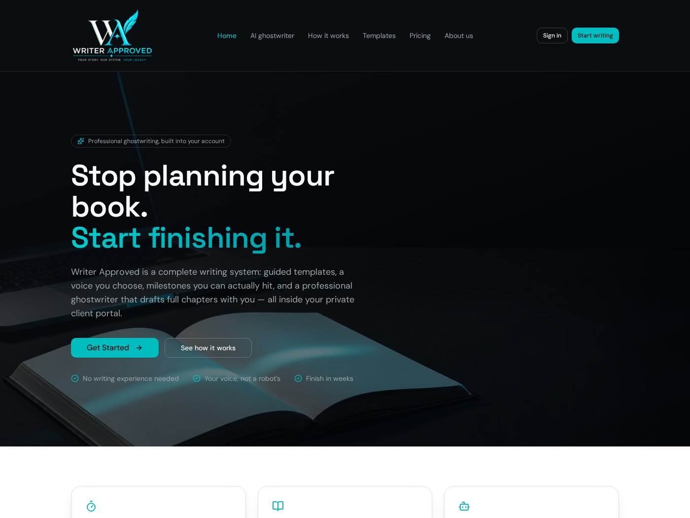 Writer Approved website homepage with the headline Stop planning your book. Start finishing it.